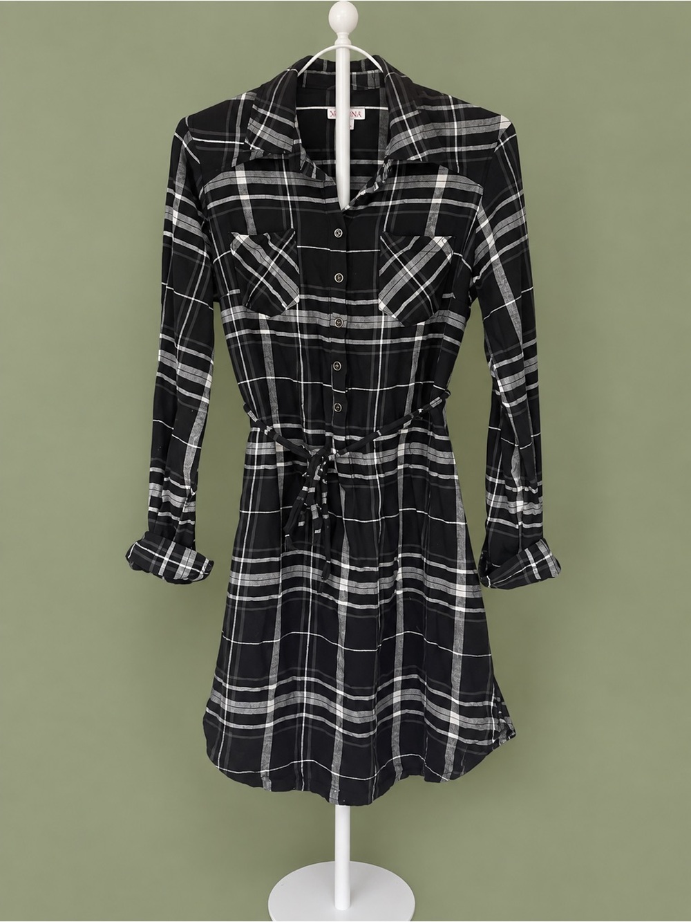 Black & White Plaid Belted Button Front Shirt Dress